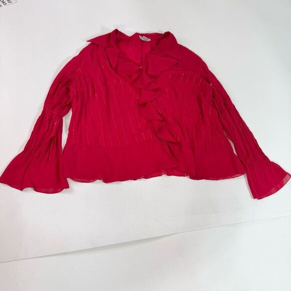 Notations Blouse Womens 2X Red Polyester Long Bell Sleeve V-Neck Ruffled Sequins - Picture 1 of 10